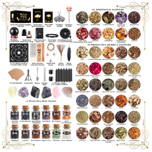 Protection Witchcraft Supplies Kit - 130 Pack with Herbs Crystals Candles for Beginners Black 130 Pack
