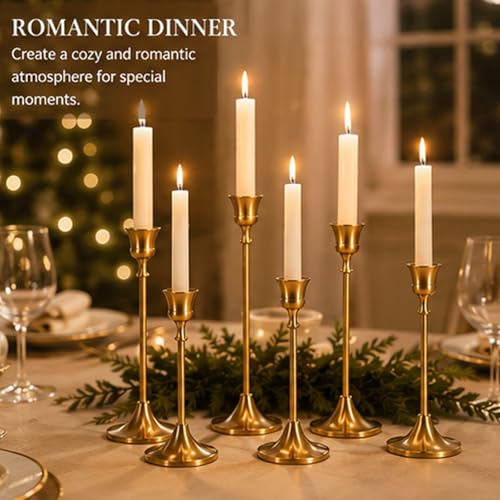 MENONEE ZT05 Brass Gold 6-Piece Candlestick Set - Taper Candle Holders for Mantel & Table Centerpieces