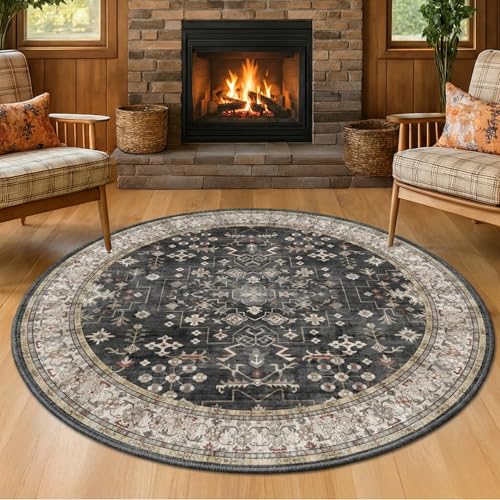 Ashen Black Boho Round Rug 6ft - Washable Vintage Circular Carpet for Living Room