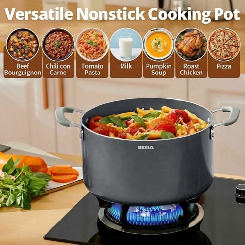 BEZIA Gray 8QT Non-Stick Ceramic Stock Pot with Lid, Induction Compatible
