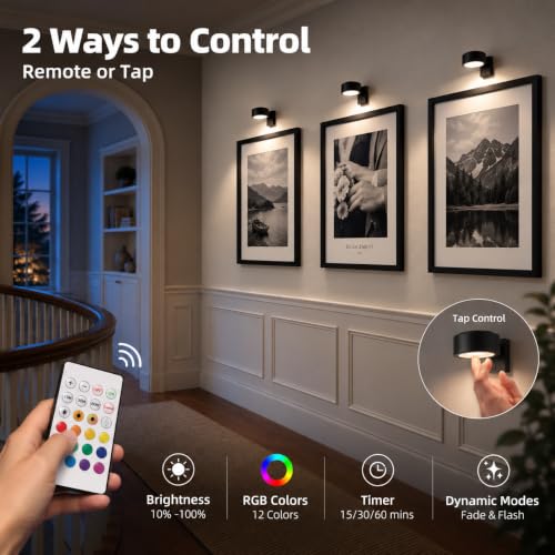 Black 6 Pack Rechargeable Picture Lights for Wall Art with Remote & Timer