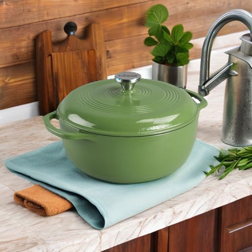 Lodge Essential Enamel Cast Iron Dutch Oven - Perfect for Bread Baking, Braising, Marinating & Slow Cooking - Features Moisture-Sealing Lid & Dual Handles - Kitchen Essentials - 6 Quarts - Spruce