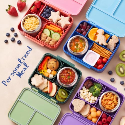 PIQUEBAR Blue Bento Lunch Box for Kids with 8oz Soup Thermos & Leak-Proof Container