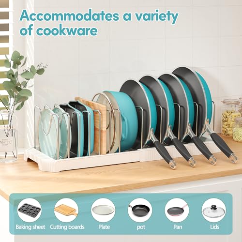 White Expandable Pan Organizer with 12 Adjustable Dividers - Inside Cabinet Storage