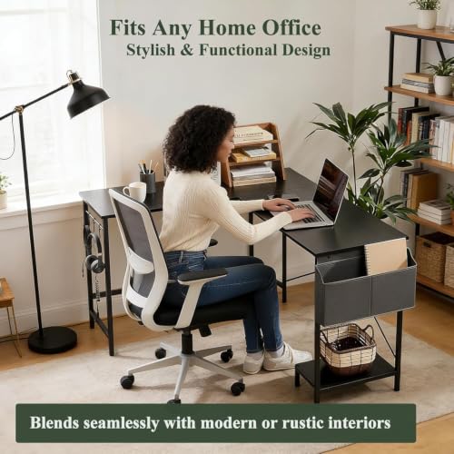Reversible L Shaped Computer Desk with CPU Stand - Deep Black, 50 Inch
