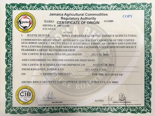 Aroma Ridge Jamaica Blue Mountain Coffee Whole Beans 16oz – Medium Roast, Certified Authentic
