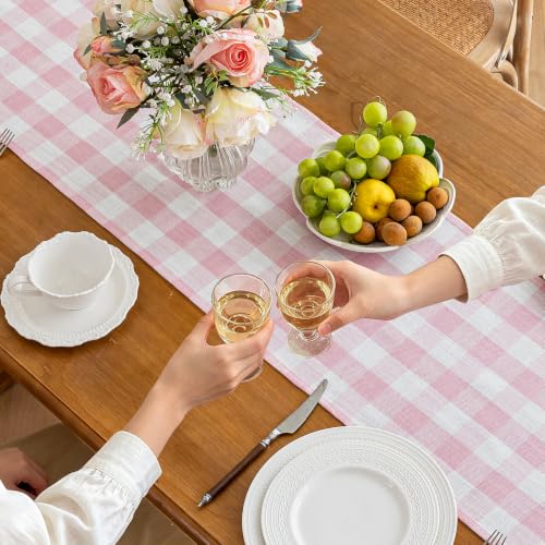 Alsoo Pink 90" x 13" Gingham Table Runner - Farmhouse Cotton Linen Decor