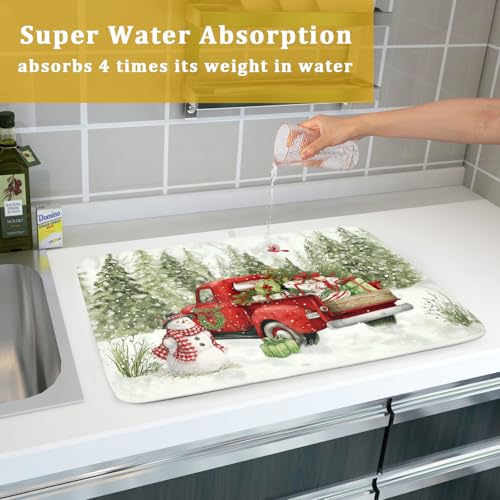 Christmas Truck 18x24 Inch Dish Drying Mat - Absorbent Microfiber Kitchen Counter Pad