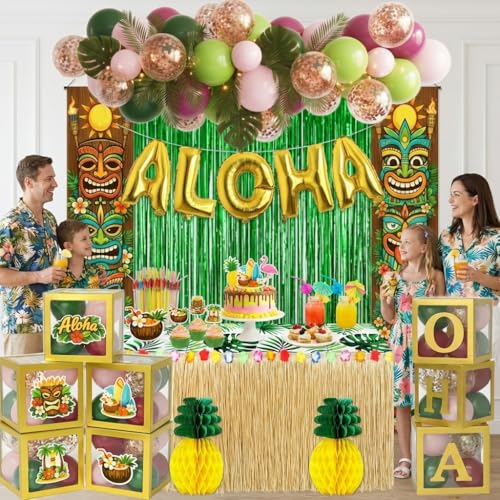 Hawaiian Party Decorations Kit - 169 Pcs Tropical Party Supplies with Balloons, Foil Banner, Fringe Curtains, Palm Leaves & More