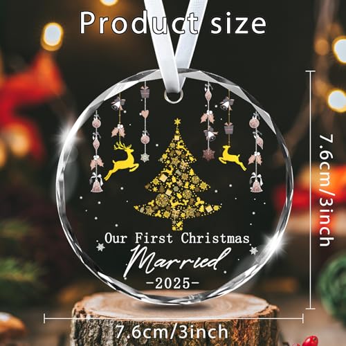 Our First Christmas Married Ornament 2025 - 3x3in Glass Gift Boxed (First Christmas Married 2025) rosulasi