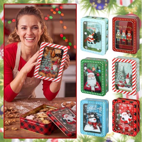 Tioncy Christmas Cookie Tin with Lid - Rectangle, 7.3 x 5.1 x 2.2 Inches, Set of 6 Holiday Cookie Jars