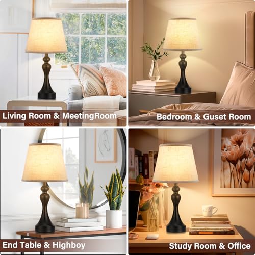 Beige Shade & Black Base Touch Nightstand Lamps Set of 2 with USB-C & A Ports