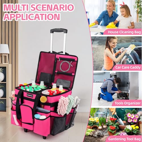 Large Rolling Cleaning Caddy Bag with Wheels & Detachable Trolley - Water Resistant Organizer for Housekeeping, Car, Kitchen, Picnic - Rose-Red