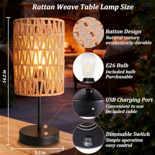 Rechargeable Outdoor Rattan Table Lamps Set of 2 - Beige Boho Cordless Patio & Indoor Lighting