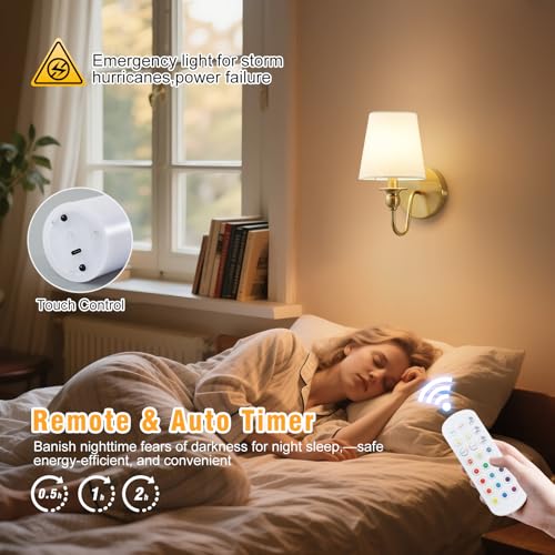 Gold Battery Operated Wall Sconces Set of 2 - Dimmable RGB LED with Remote