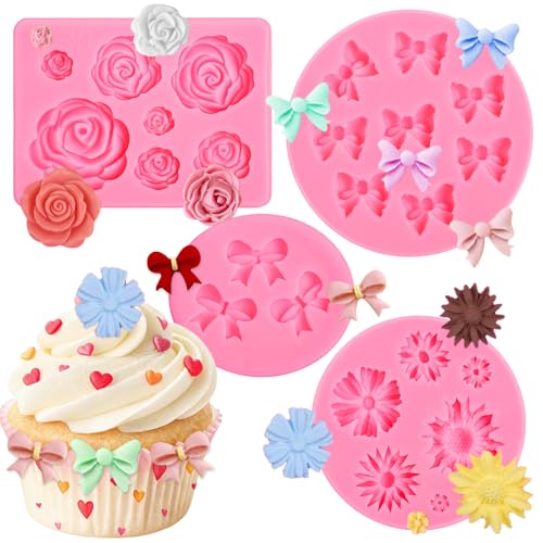Pimoys 4 Pcs Flower&Bow Molds for Chocolate, Bow Chocolate Molds Silicone Cake Pop Mold Christmas Candy Mold Silicone for Wax Melts Birthday Cake Decoration