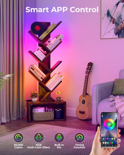Evermagin Rustic Brown 6-Tier Tree Bookshelf with RGBIC LED Lights, Space-Saving Bookcase