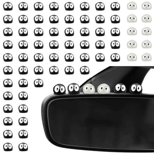 60Pcs Soot Sprites Car Mirror Decorations - 50 Black & 10 Glow in The Dark Rearview Mirror Charms - Kawaii Anime Inspired Ornaments for Dashboard, Hanging Decor - Unique Gift for Easter, Christmas
