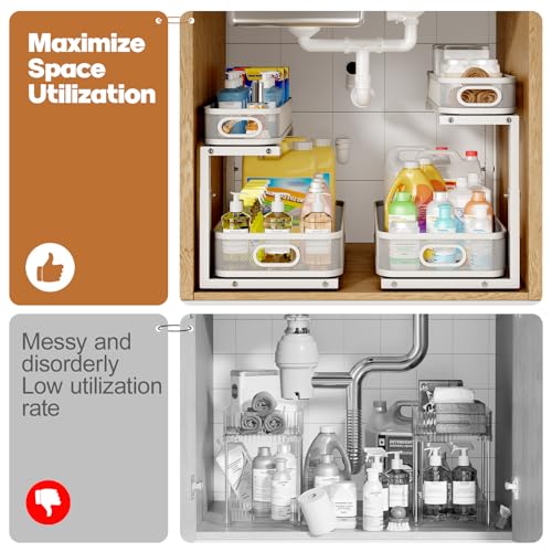 Biboraya 2 Pack Under Sink Organizer White - 19.3-inch Depth, 2-Tier Pull-Out Storage, Height Adjustable, Rust-Resistant Kitchen & Bathroom Cabinet Organizer