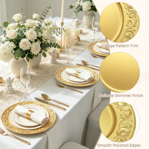 Cheardia 12 Pcs 13” Gold Charger Plates - Ornate 3D Rose Pattern