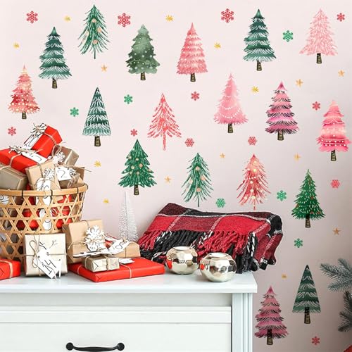 Christmas Pine Tree Window Stickers Holiday Small Tree Wall Stickers Xmas Trees Window Clings Watercolor Pine Pine Wall Decorations Colorful Winter Trees Window Decals Party Supplies