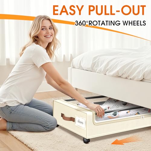Beige Under Bed Storage Containers with Wheels 2-Pack - Clear Window & Leather Handles