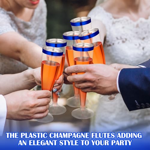 Jingmore 60 Pcs Disposable Plastic Champagne Flutes - Blue Rim