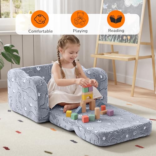 MeMoreCool Gray Glow in the Dark Dinosaur Kids Couch & Bed, Fold-Out Toddler Sofa