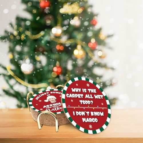 Cheroloven Red Christmas Vacation Coasters 6Pcs Gift Set with Metal Holder - Griswold Family Holiday Decor