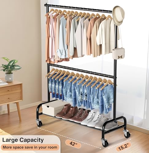 Heavy Duty Clothing Rack with Wheels - Adjustable Double Garment Rack, Black - 77.5" Tall, Supports 150 lbs