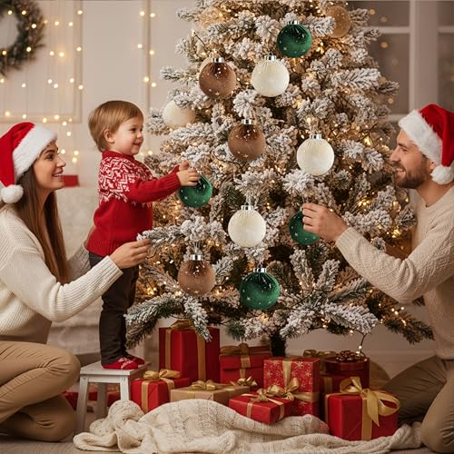 Upgraded Brown & Green Velvet Christmas Tree Ornaments 15PCS - Shatterproof Holiday Decorations