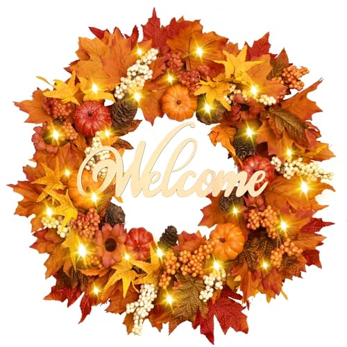 22 Inch Fall Wreath with Lights - Autumn Front Door Decor, 1 Pack