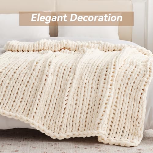 Cream White Chunky Knit Throw Blanket 50x60 Inches - Soft Chenille Wool