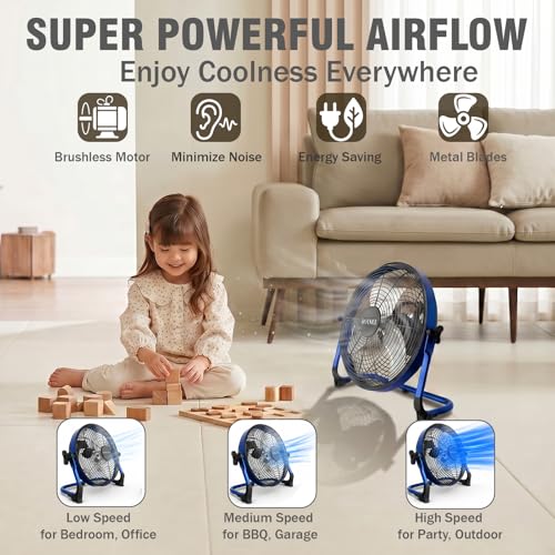 Blue 14-Inch Solar Powered Fan with Metal Blades & Quiet Brushless Motor - Rechargeable Battery, Portable for Home, RV, Camping, Greenhouse