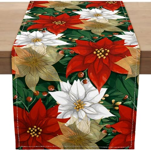 PROCIDA 13x90 Inch Poinsettia Christmas Table Runner - Burlap Red/Green Holiday Decor