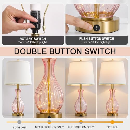 Pink Glass Table Lamps with Fairy Lights for Bedroom Nightstands - Set of 2
