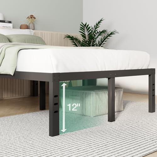 Queen Bed Frame 14 Inch Metal Platform with Storage - Black, Heavy Duty Steel