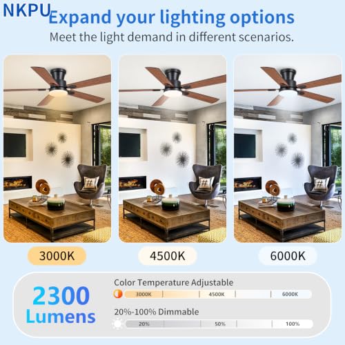NKPU 52-Inch Brown Ceiling Fan with Lights, Remote & App Control, Dimmable, Quiet DC Motor, Flush Mount for Indoor & Outdoor