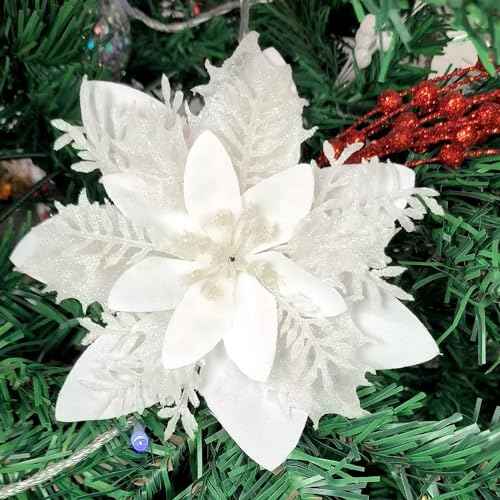 15 Pcs Christmas Flowers Artificial Poinsettia Flower Decorations with Clips and Stems, Glitter Christmas Poinsettia Decorations, Christmas Tree Ornaments for Party Wreath DIY£¨White£©