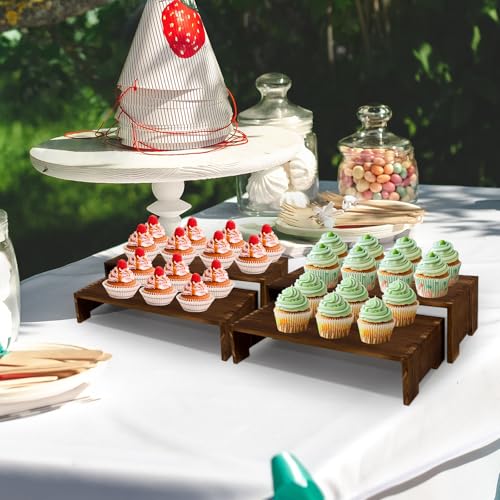 Large Wooden Display Risers Set - 2 Pack 2-Tier Cupcake & Dessert Stands, Rustic Brown