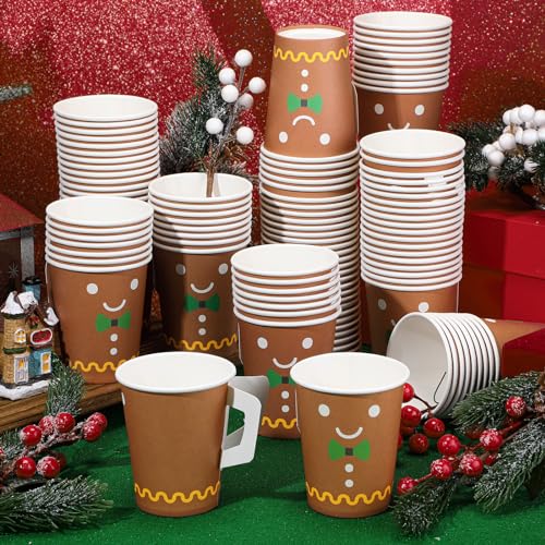 Gingerbread Man Christmas Paper Coffee Cups with Handles, 120 Pack