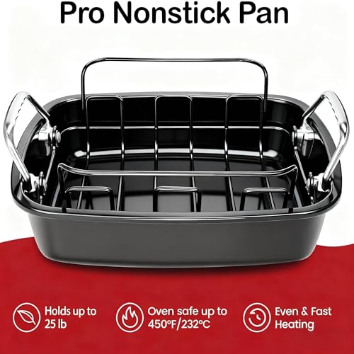 25 lb Nonstick Turkey Roasting Pan with w/Rack, 17.3 in, Box Included