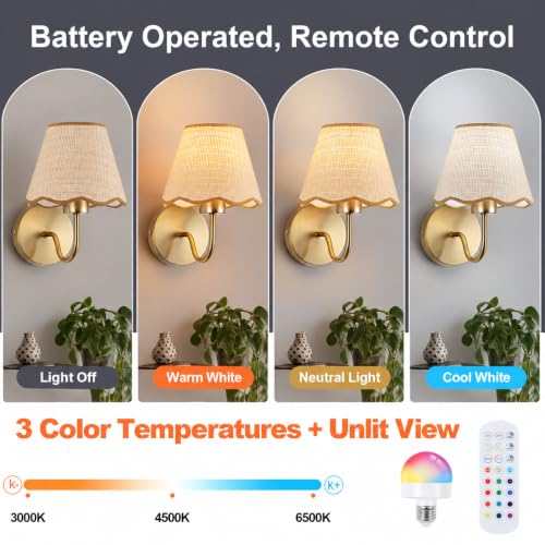 ADISUN 10-Inch Gold Wall Sconce Set of 2 with Rattan Shades - Battery Operated, Rechargeable Wall Lamps for Living Room & Bedroom