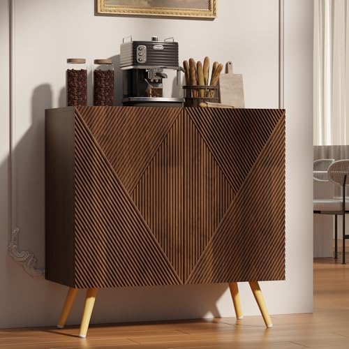 Retro Rectangular Fluted Sideboard Buffet Cabinet - 30 Inch Wood Storage with Adjustable Shelves - Space-Saving Console for Living Room & Kitchen - Variation 1