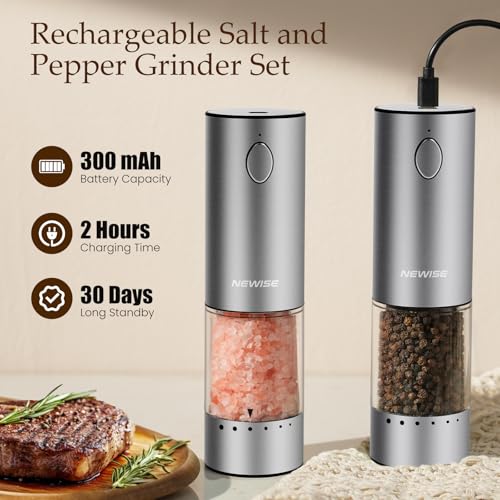 Newise Rechargeable Salt and Pepper Grinder Set, Silver with Clear Acrylic Base, 95ml Capacity