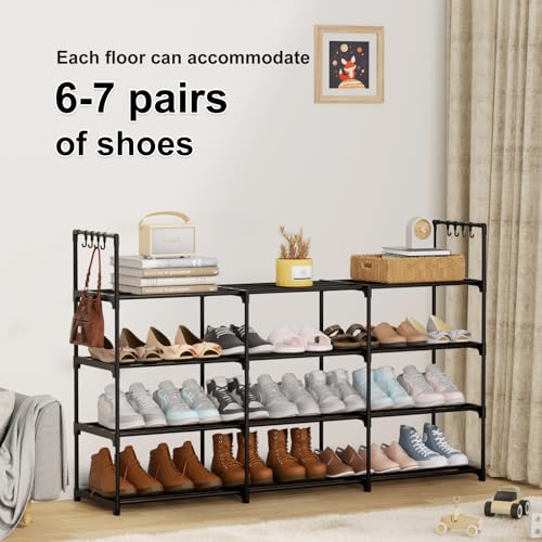 3 Row 4 Tier Shoe Rack - Stackable Metal Shoe Organizer with Hooks, Holds 24-30 Pairs - Space Saving Closet Storage - Black - Variation of THIS listing