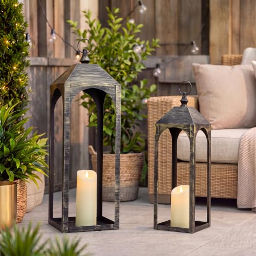 Large Decorative Lanterns Set of 2 Outdoor Indoor Bronze - Weather-Resistant Metal with LED Candles