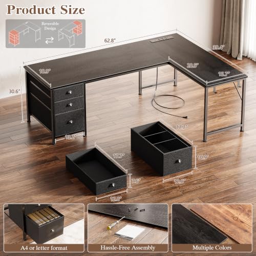 Furologee 63-Inch L Shaped Corner Desk with Outlets - Black
