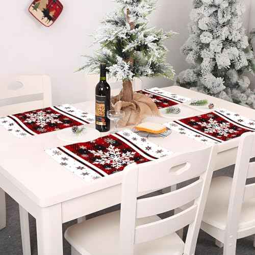 Farmhouse Plaid Snowflake Christmas Placemats Set of 4, 1218 Inch, Table Decorations