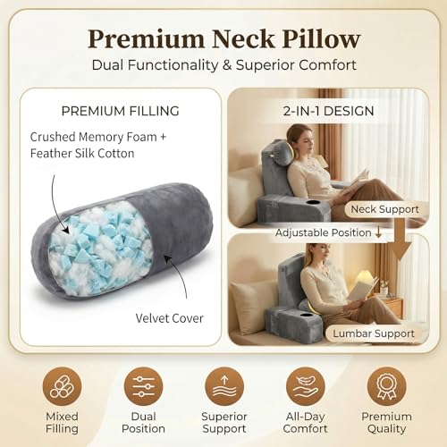 AS AWESLING 21 Inch Gray Reading Pillow with Detachable Arms & Built-in Cup Phone Caddy for Bed & Lounge
